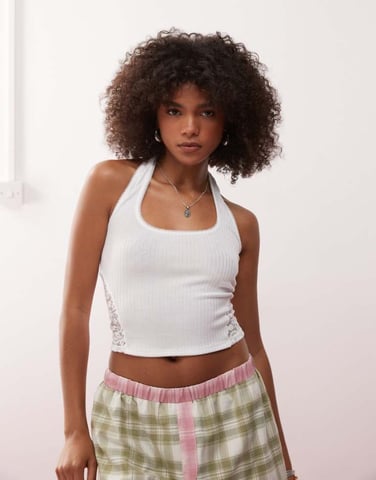 COLLUSION halter rib top with lace inserts white