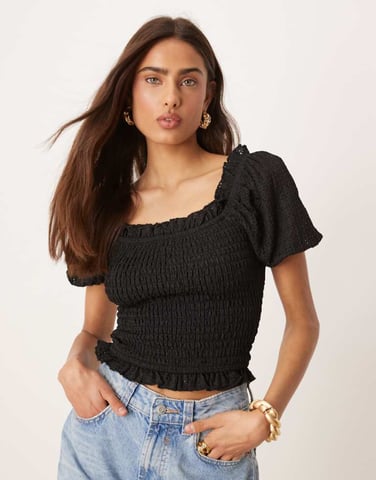 Gina Tricot puff sleeve frill shirred top in black