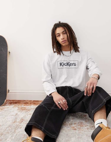 Kickers long sleeve t-shirt with navy graphic in light grey marl