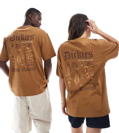 Dickies deep rooted graphic back print t-shirt in brown tan- exclusive to ASOS