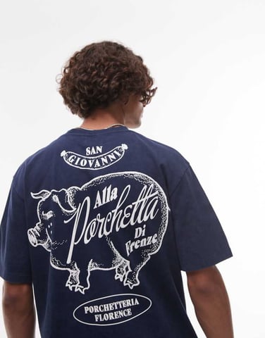 Topman relaxed fit t-shirt with front and back Porchetta print in washed navy
