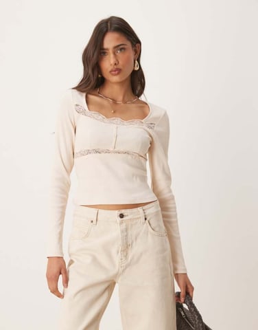 ASOS DESIGN ribbed long sleeve top with lace and button detail in cream