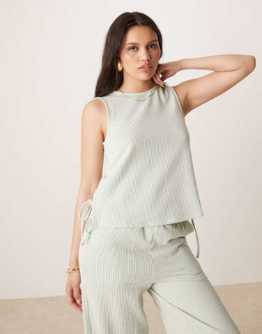 Vila textured stripe sleevless tie side top co-ord in green and cream