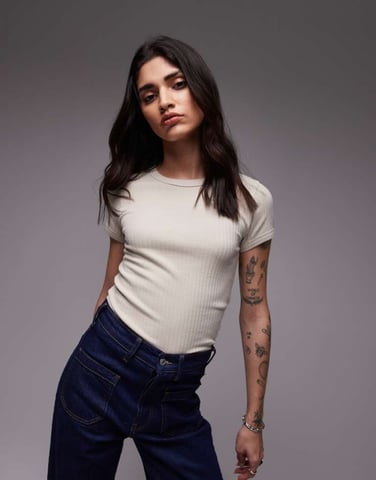 Topshop bred ribb T-shirt i sten