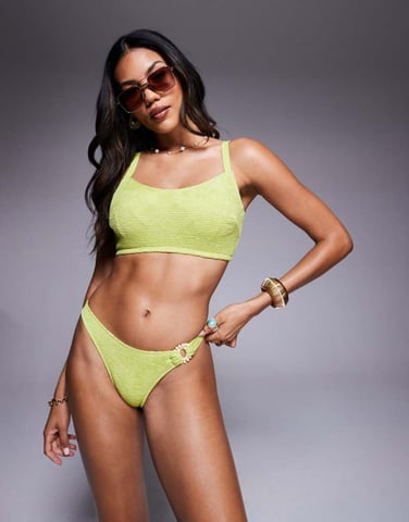 ASOS DESIGN Bella textured high leg bikini bottom with beaded ring detail in bright chartreuse