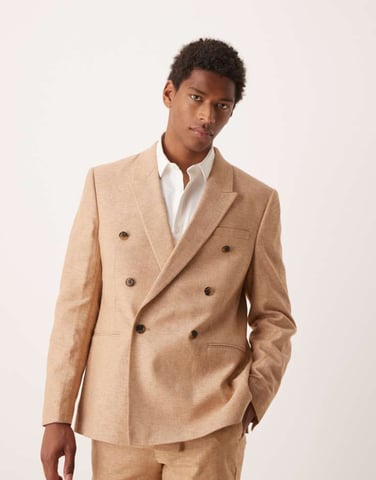 ASOS DESIGN double breasted linen blend regular suit jacket in camel