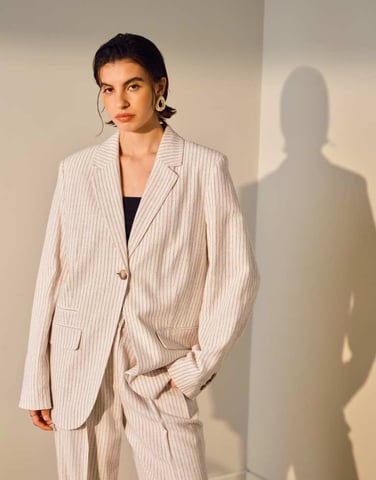 Topshop co ord linen one button blazer in cream pinstripe