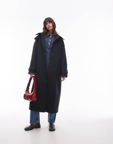 Topshop tab belted car coat twill in navy