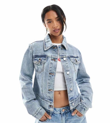 Miss Selfridge Petite denim girlfriend jacket in light blue wash