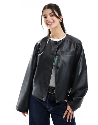 ASOS DESIGN collarless clean leather look jacket in black