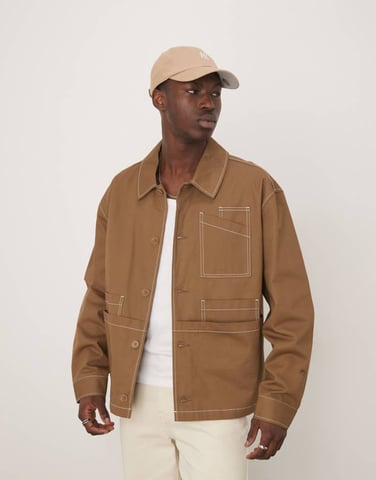 ASOS DESIGN boxy oversized worker jacket with contrast stitch in tan