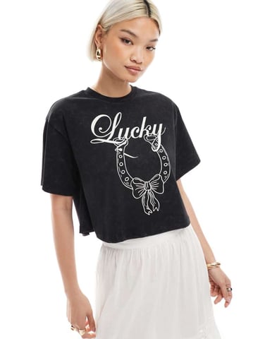 Miss Selfridge acid wash lucky horseshoe loose wide crop tee in black