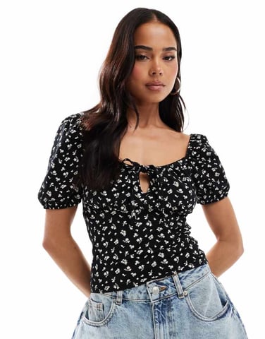 Miss Selfridge tie front milkmaid top in ditsy print