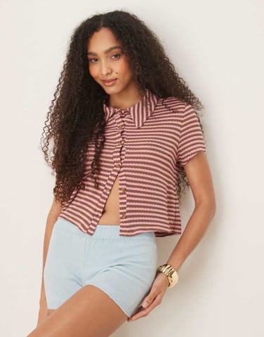 ASOS DESIGN knitted short sleeve cardigan in pink and brown stripe