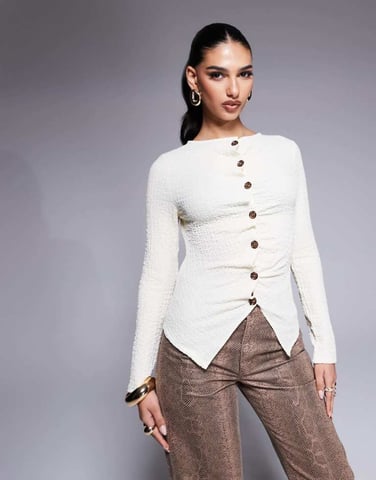 ASOS DESIGN textured button through long sleeve t-shirt in cream