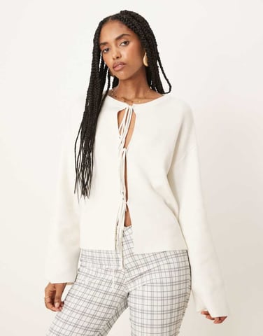 Gina Tricot lightweight knit tie cardigan top in cream
