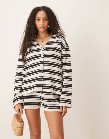 ASOS DESIGN long sleeve textured stripe cardigan co-ord in black and white