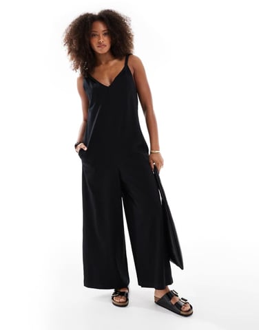 ASOS DESIGN Twist shoulder jumpsuit in black