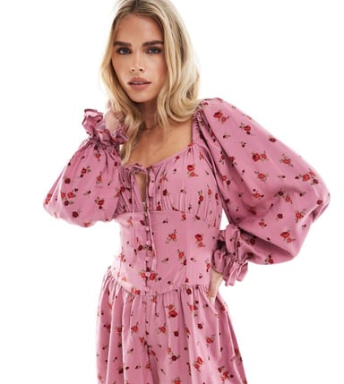 Miss Selfridge Petite long sleeve playsuit in pink ditsy floral print