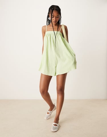ASOS DESIGN skinny strap micro bust textured playsuit in lime