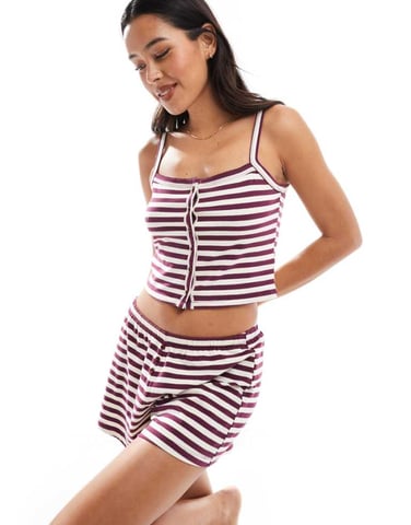 Cotton On peached jersey button up cami in dark oak stripe co-ord