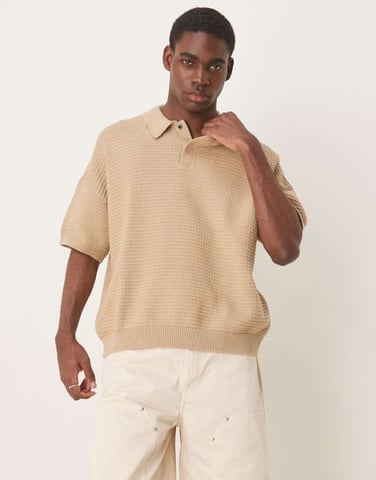 ASOS DESIGN oversized fit texture knitted polo in beige