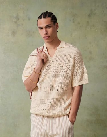 ASOS DESIGN relaxed crochet knitted notch neck polo in ecru