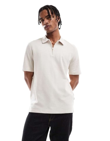 Jack & Jones textured zip polo in beige