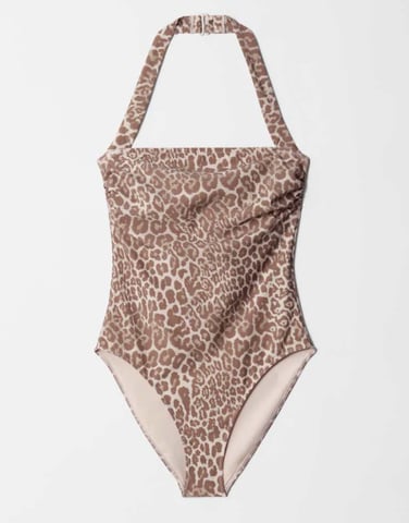 & Other Stories halterneck sqaure neck swimsuit in brown leopard print