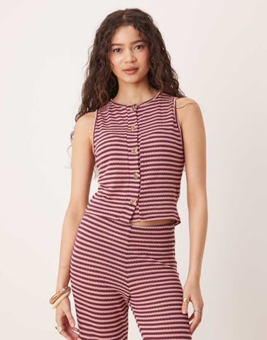 ASOS DESIGN knitted button through vest co-ord in pink and burgundy stripe