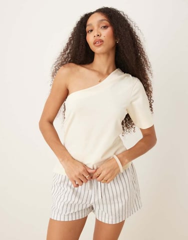 ASOS DESIGN one shoulder ruched waist top in cream