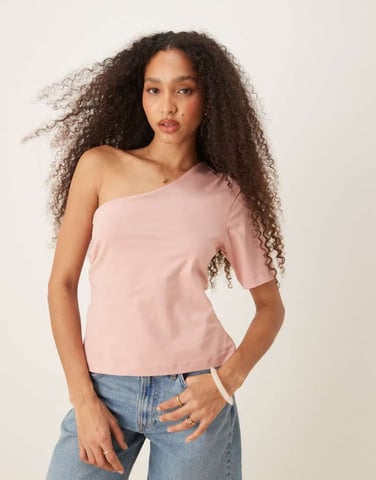 ASOS DESIGN one shoulder ruched waist top in dusty pink