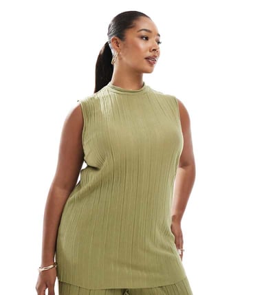 Vero Moda Curve plisse sleeveless top co-ord in khaki