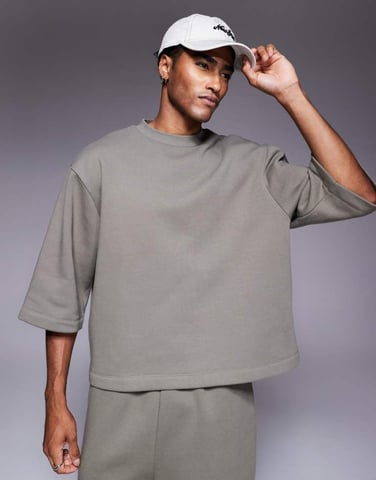 ASOS DESIGN relaxed 3/4 sleeve sweatshirt in khaki