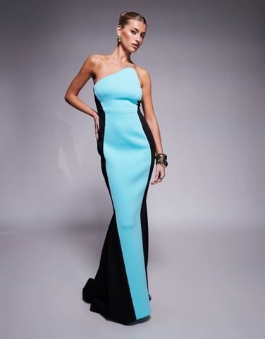 ASOS DESIGN Premium colourblock bandeau maxi dress in black & blue scuba-style fabric