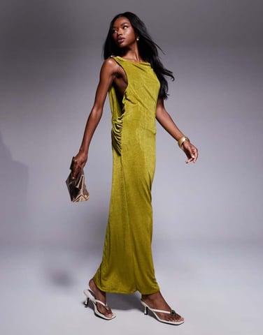 ASOS DESIGN sleeveless with plunge cowl back with trim detail maxi dress in green