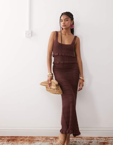 Miss Selfridge frill crochet maxi dress in chocolate