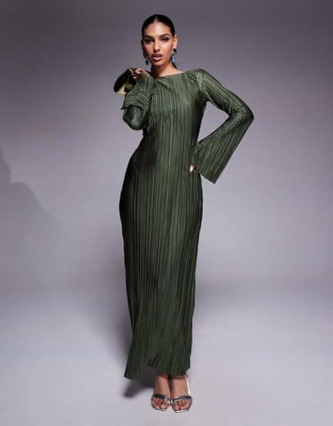 ASOS DESIGN low back plisse maxi dress with angel sleeves in soft khaki