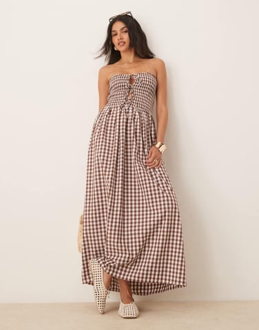 ASOS DESIGN shirred tie front bandeau maxi dress in chocolate gingham