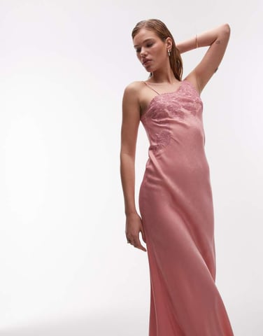 Topshop one shoulder cutwork lace detail maxi dress in pink