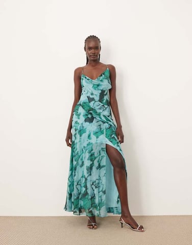 ARRANGE chiffon cami asymmetric drape maxi dress in blue abstract print