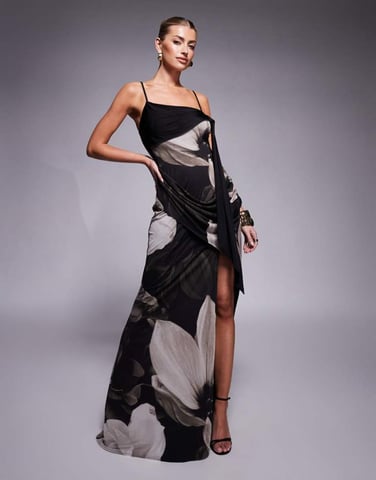 ASOS DESIGN asymmetric neckline maxi dress with spliced drape detailing in oversized floral print