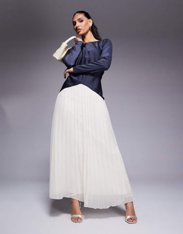ASOS DESIGN colour block dropped waist pleated skirt maxi dress in navy and cream