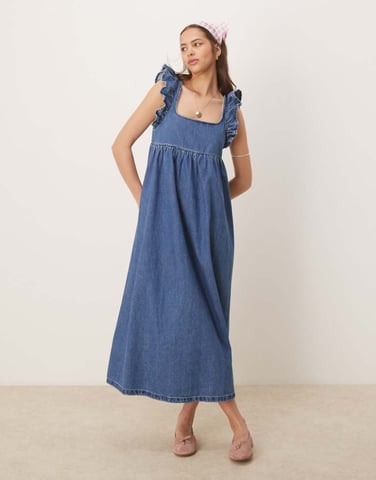 ASOS DESIGN denim smock maxi dress with bow back in midwash blue