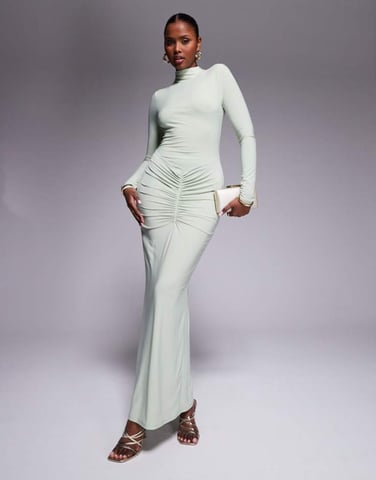 ASOS DESIGN long sleeve high neck maxi dress with central ruched detail in sage green