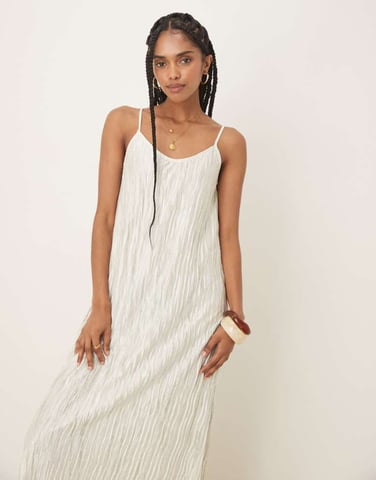Vila plisse cami maxi slip dress in pale silt green tie dye