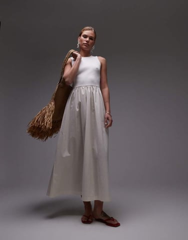 Topshop poplin mix maxi dress in off white
