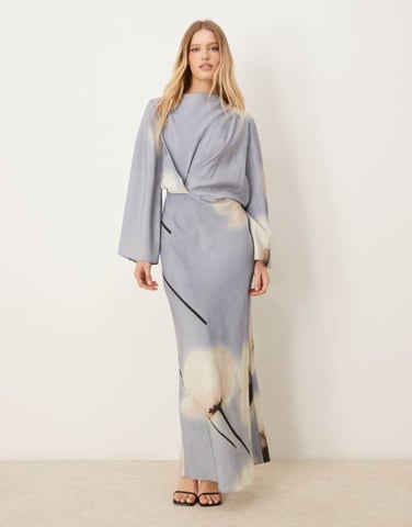 ASOS DESIGN long sleeve tucked waist bias maxi dress in blue bold floral print