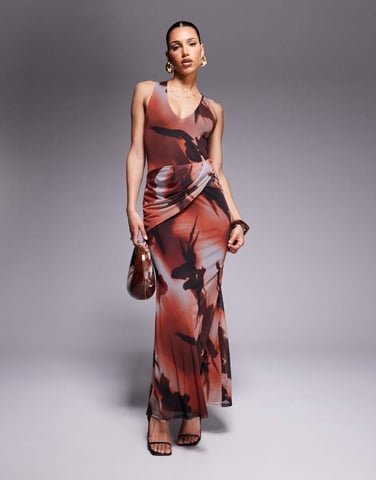 ASOS DESIGN mesh plunge neckline maxi dress with wrap sash detail in blurred orange print