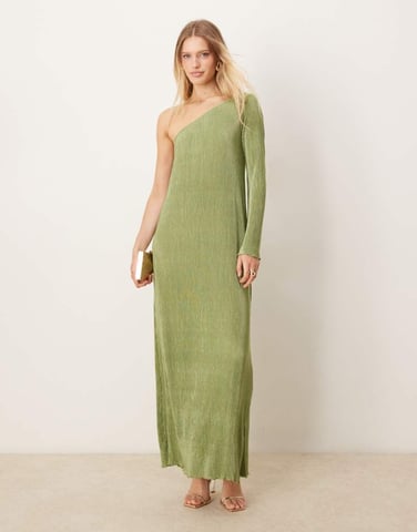 Vila plisse one shoulder long sleeve maxi dress in sage green